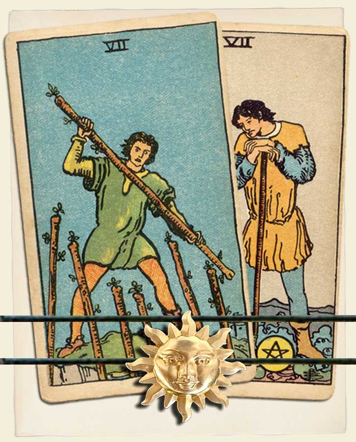 Seven of Wands and Seven of Pentacles Combination Reading