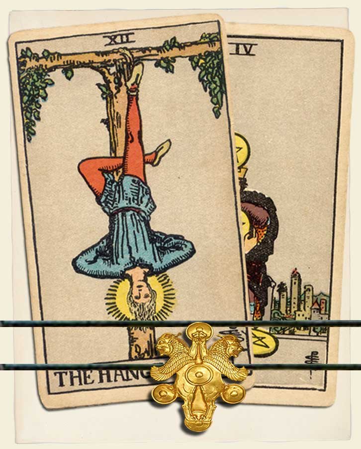 The Four Of Pentacles And The Hanged Man Tarot Cards Together