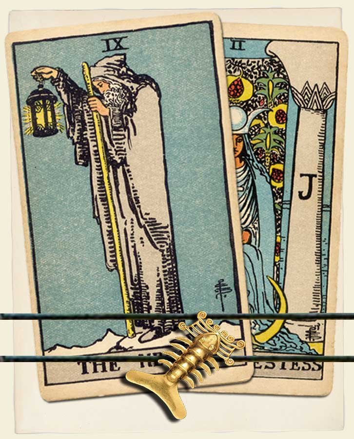 The High Priestess card alongside the Hermit, symbolizing the interplay between intuition and introspective wisdom